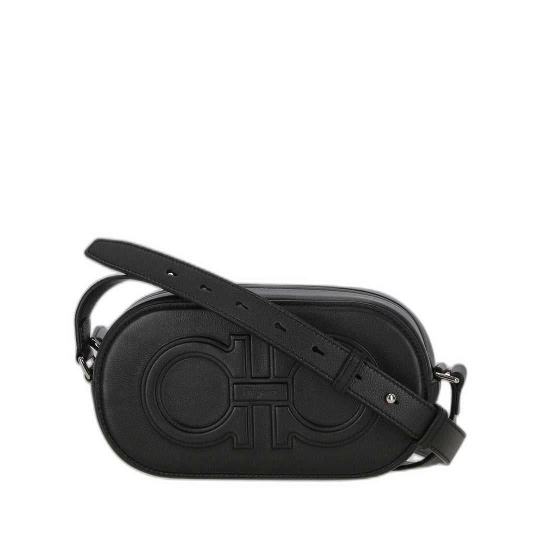 Embossed Double Gancini Crossbody Bag In Black