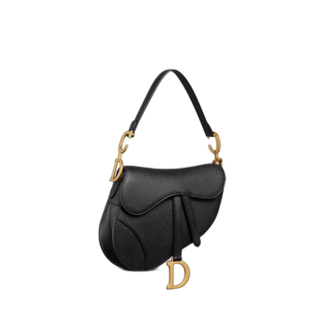 Saddle Bag with Strap in Black Grained Calfskin