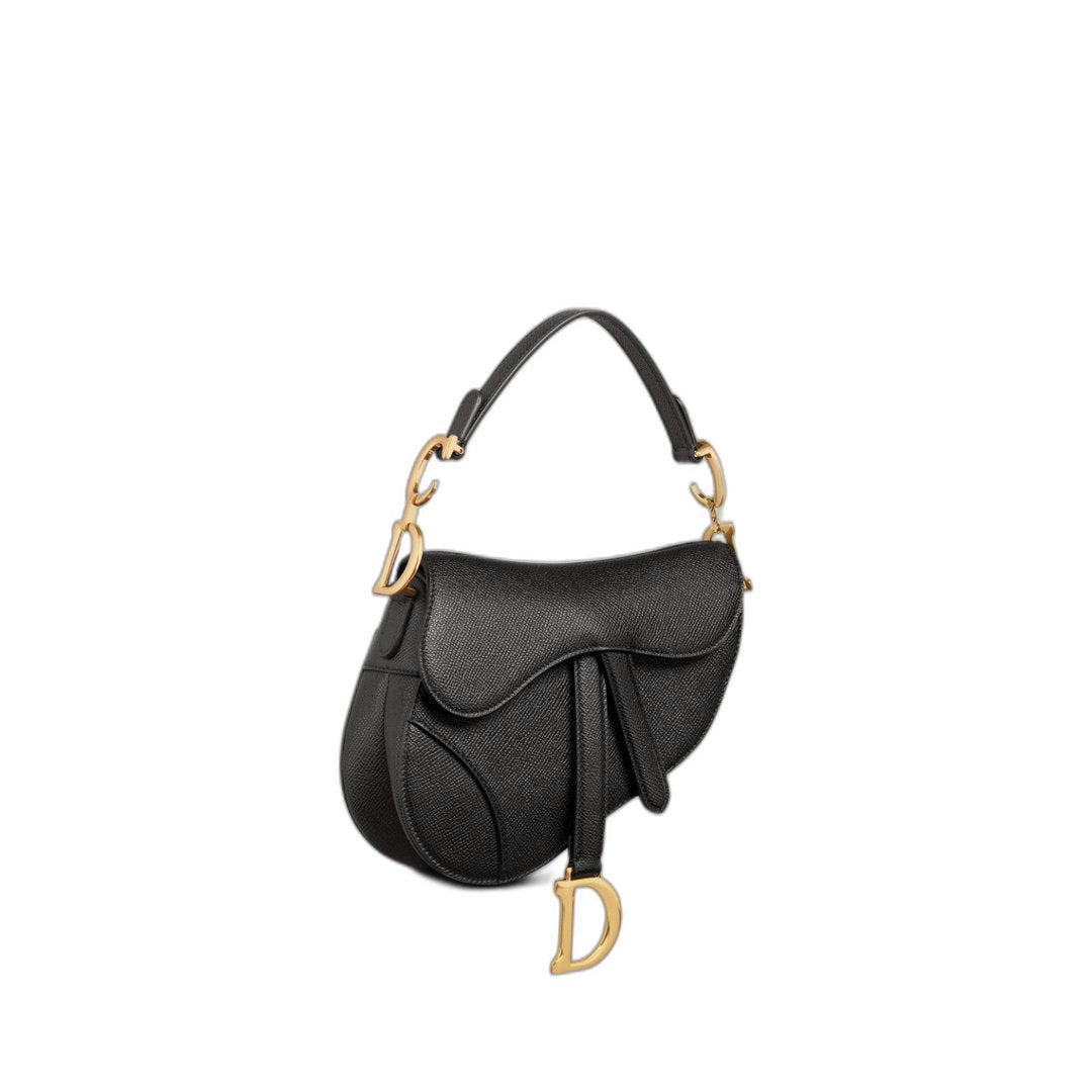 Mini Saddle Bag with Strap in Black Grained Calfskin