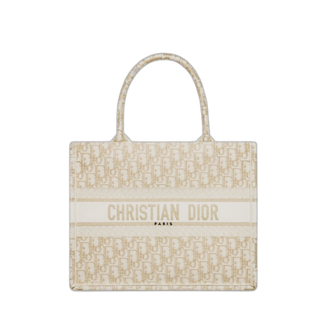 Medium Dior Book Tote in White and Gold-Tone Dior Oblique Embroidery