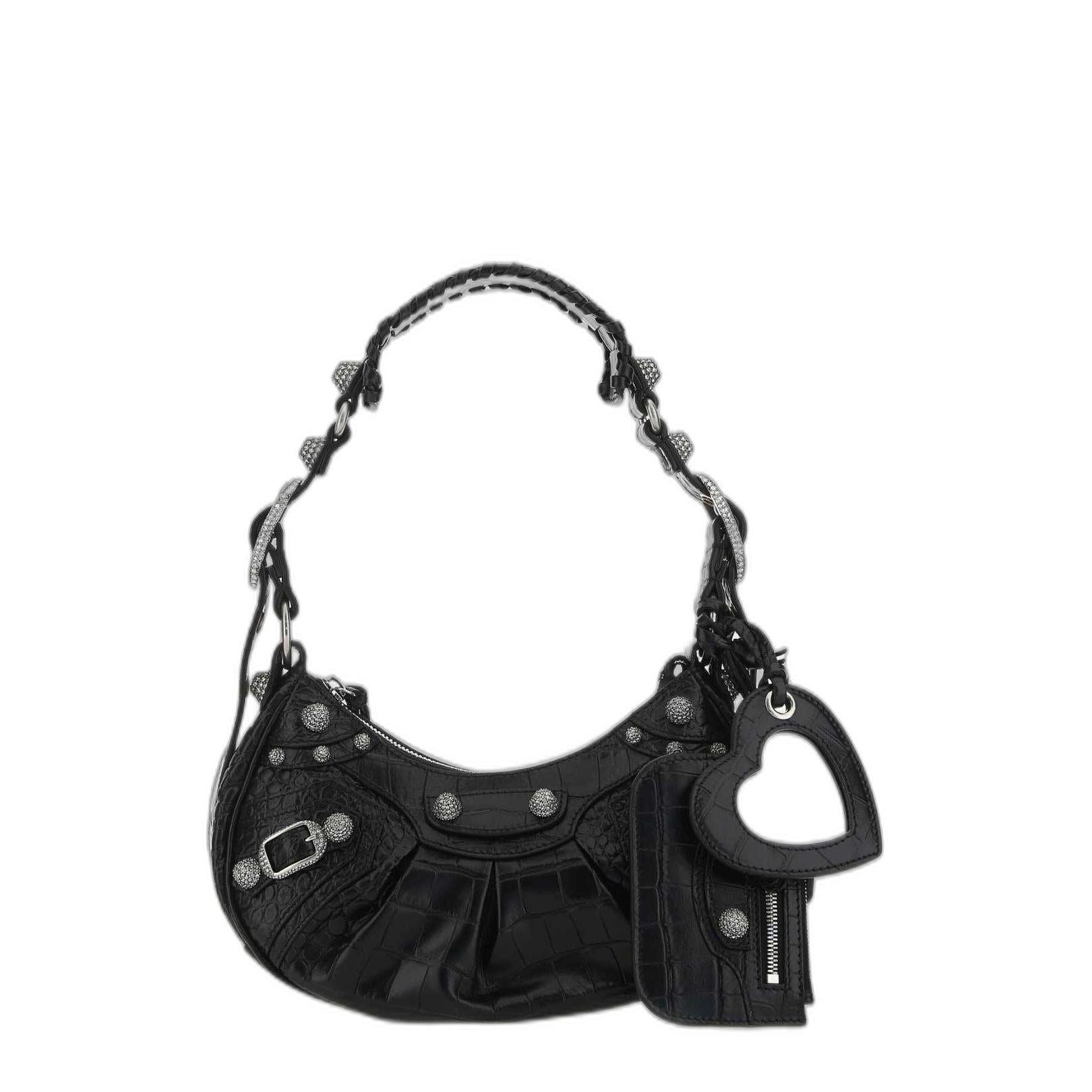 Le Cagole Xs Shoulder Bag in Black Crocodile Embossed With Rhinestones