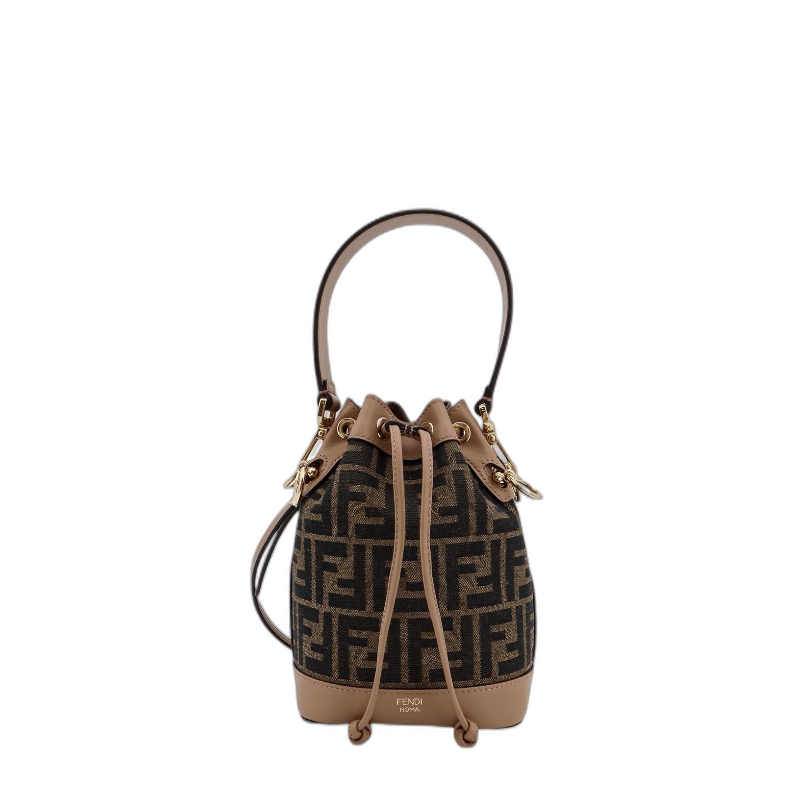 Brown Beige Canvas Leather Trim Drawstring Bag