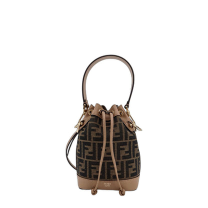 Brown Beige Canvas Leather Trim Drawstring Bag