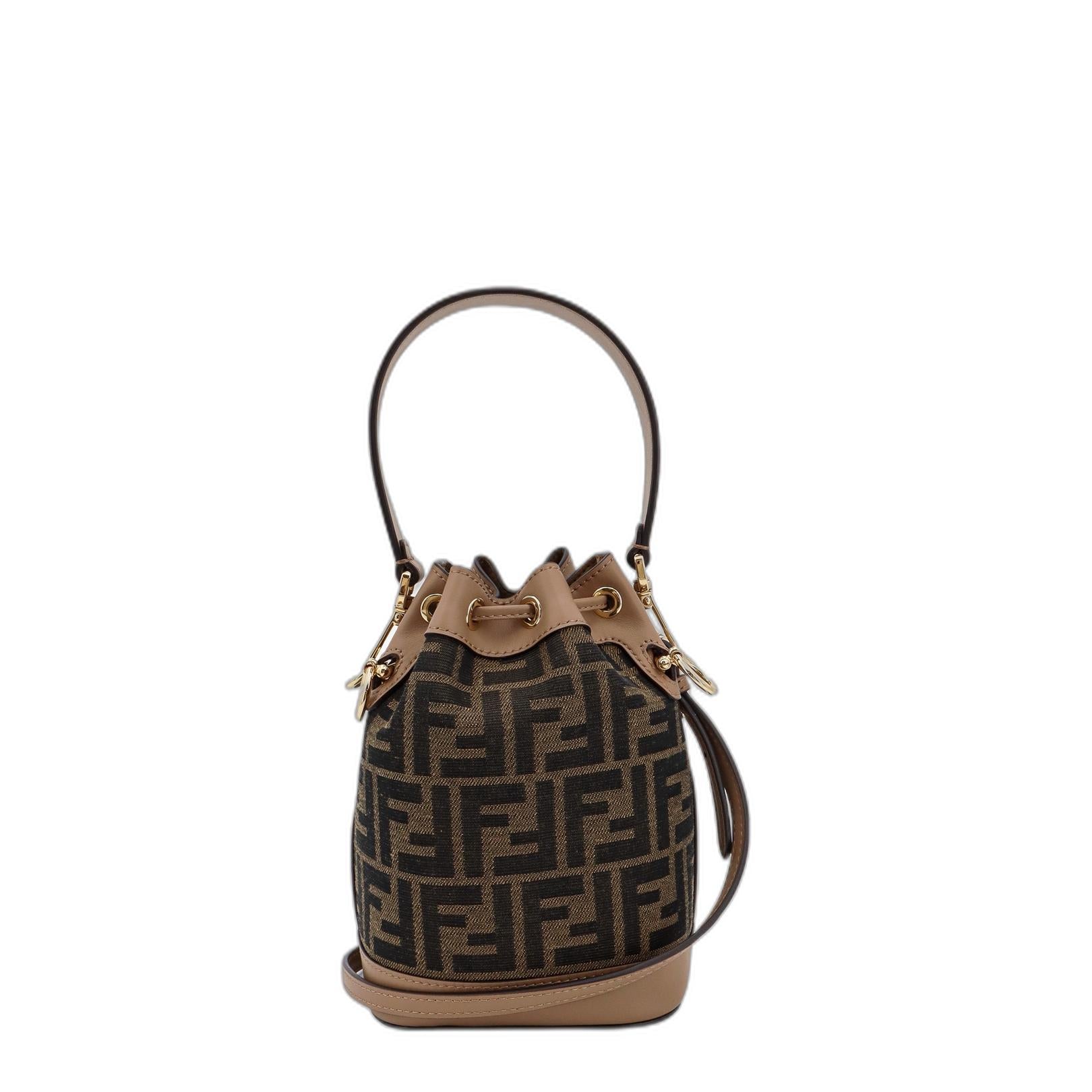 Brown Beige Canvas Leather Trim Drawstring Bag