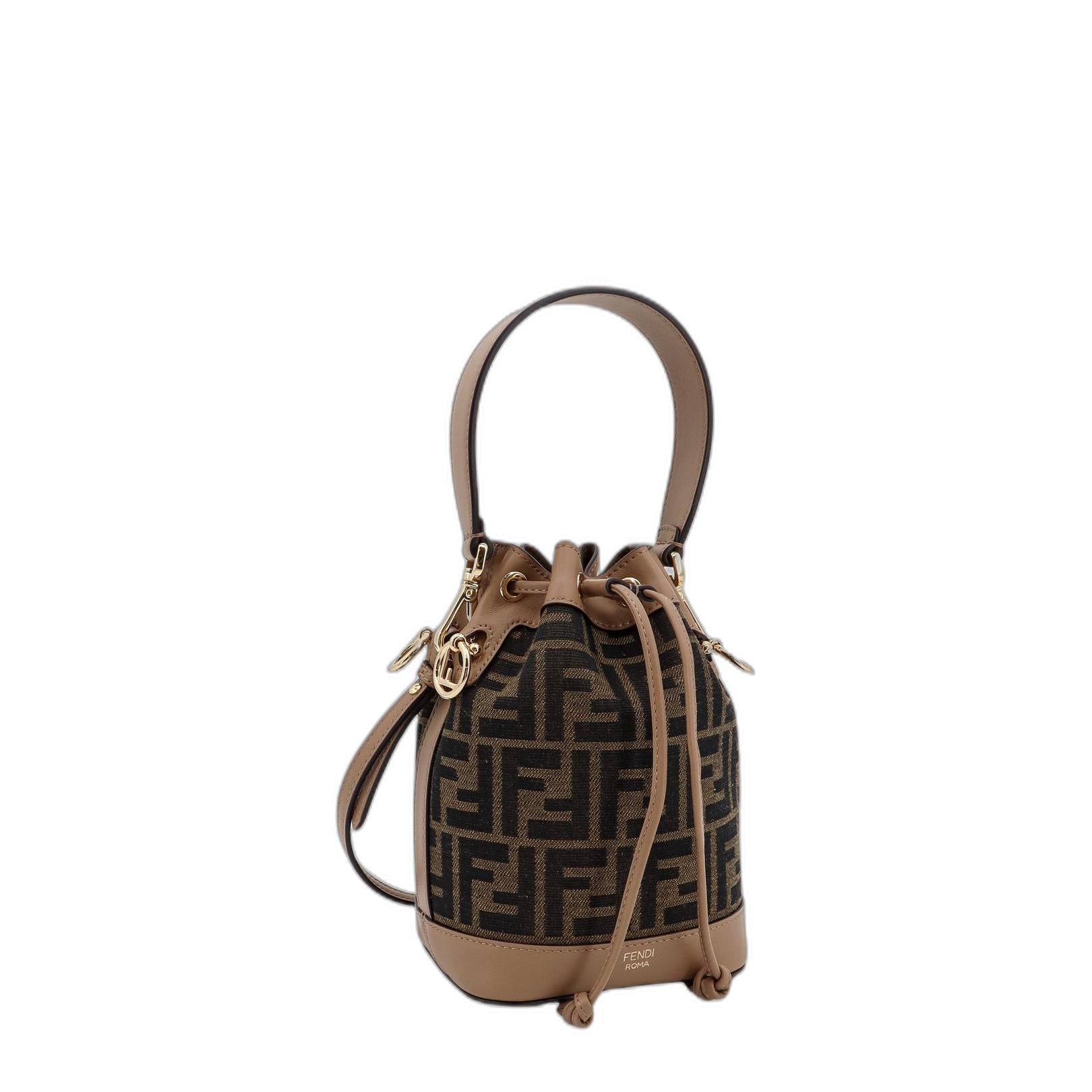 Brown Beige Canvas Leather Trim Drawstring Bag